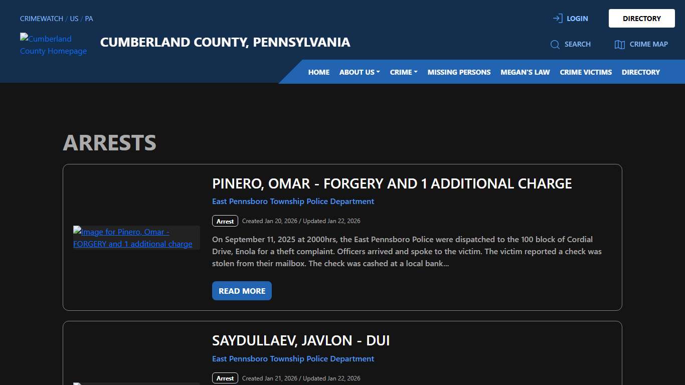 Arrests for Cumberland County, Pennsylvania CRIMEWATCH